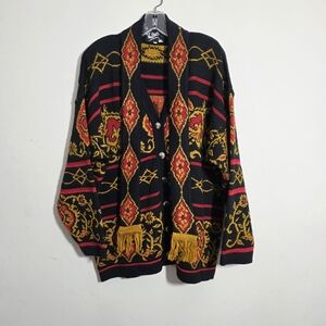 Vintage Black and Red Patterned Sweater With Scarf Large